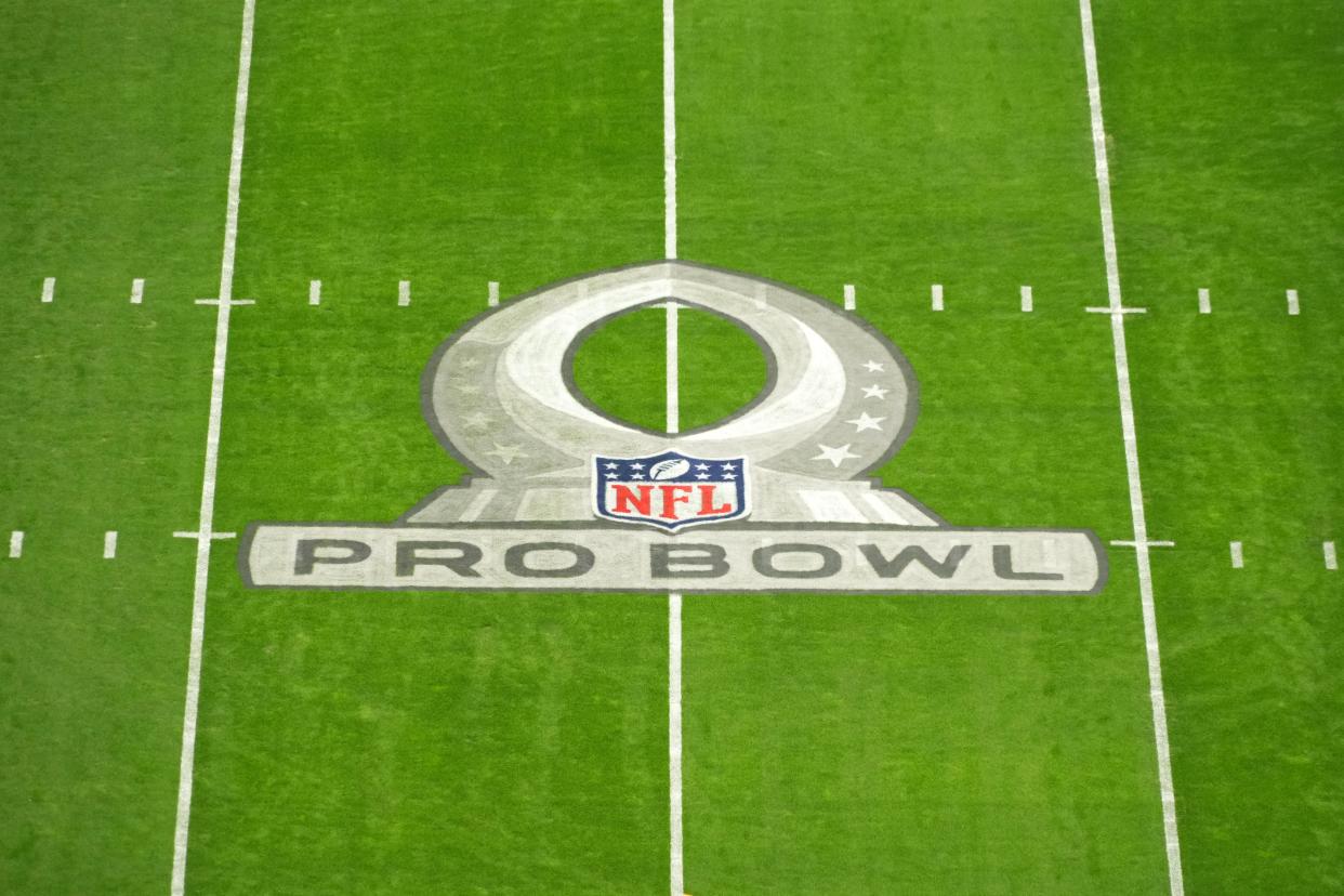 Feb 6, 2022; Paradise, Nevada, USA; The Pro Bowl logo is seen on the field before the game at Allegiant Stadium. Mandatory Credit: Kirby Lee-USA TODAY Sports