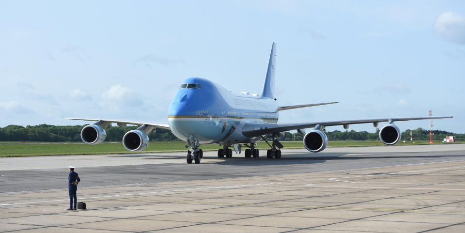 Air Force One, carrying US president Donald Trump and his wife Melania, arrives at Stansted Airport in Essex (Picture: PA)