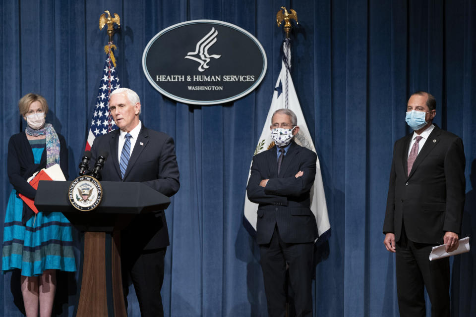 Dr. Deborah Birx, Vice President Mike Pence, Dr. Anthony Fauci and U.S. Secretary of Health and Human Services Alex Azar on June 26, 2020 in Washington, D.C.  / Credit: Joshua Roberts/Getty Images