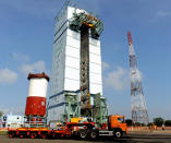 The support structure waiting for the PSLV to fit in before the launch.