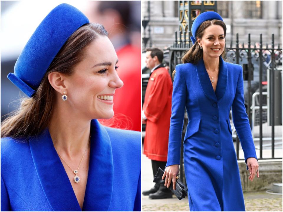 Kate Middleton wearing a blue coat dress and Princess Diana's sapphire earrings