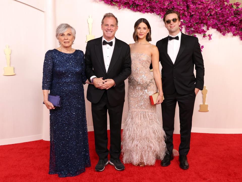 "Killers of the Flower Moon" producer Bradley Thomas (2nd L) with his mother, Madea Thomas (L), and his children, Lucy Thomas (2nd R), and Charlie Thomas (R).