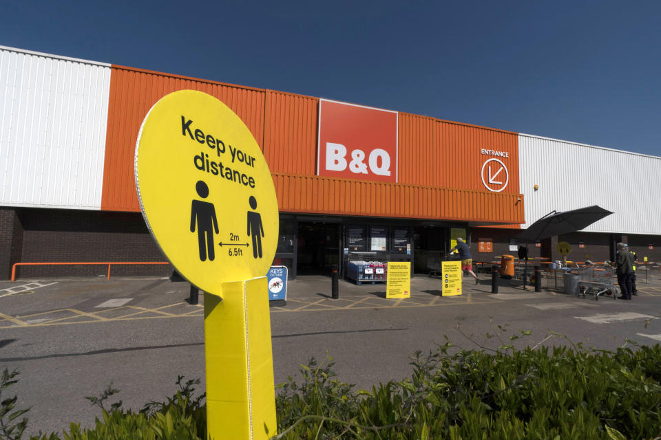 General view of social distancing signs after the store adopted safe measures to protect both customers and staff at home improvement store B&Q in Chiswick as lockdown restrictions start to ease after 7 weeks on May 15, 2020 in London, England. Photo: Ming Yeung/Getty Images