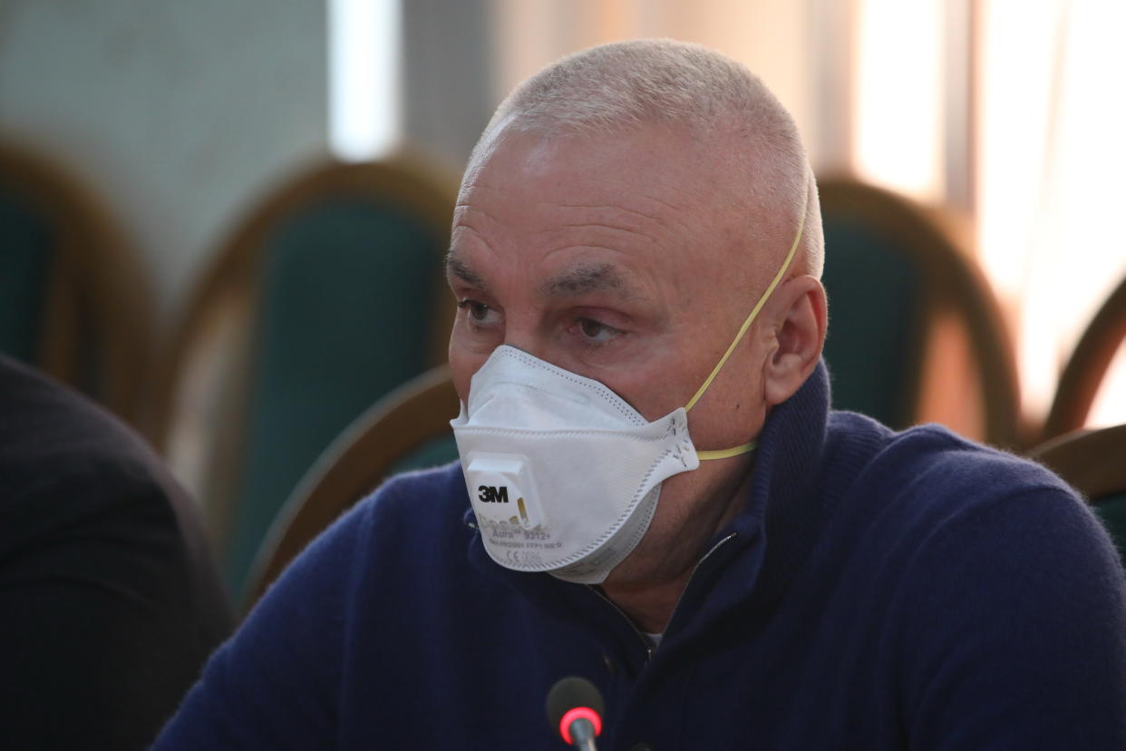 KHARKIV, UKRAINE - MARCH 24, 2020 - Businessman, President of the DCH group (Development Construction Holding) Oleksandr Yaroslavskyi wears a protective mask during the briefing on counteraction to coronavirus pandemic in Kharkiv Region, Kharkiv, northeast Ukraine.- PHOTOGRAPH BY Ukrinform / Barcroft Studios / Future Publishing (Photo credit should read Vyacheslav Madievskyi/ Ukrinform/Barcroft Media via Getty Images)