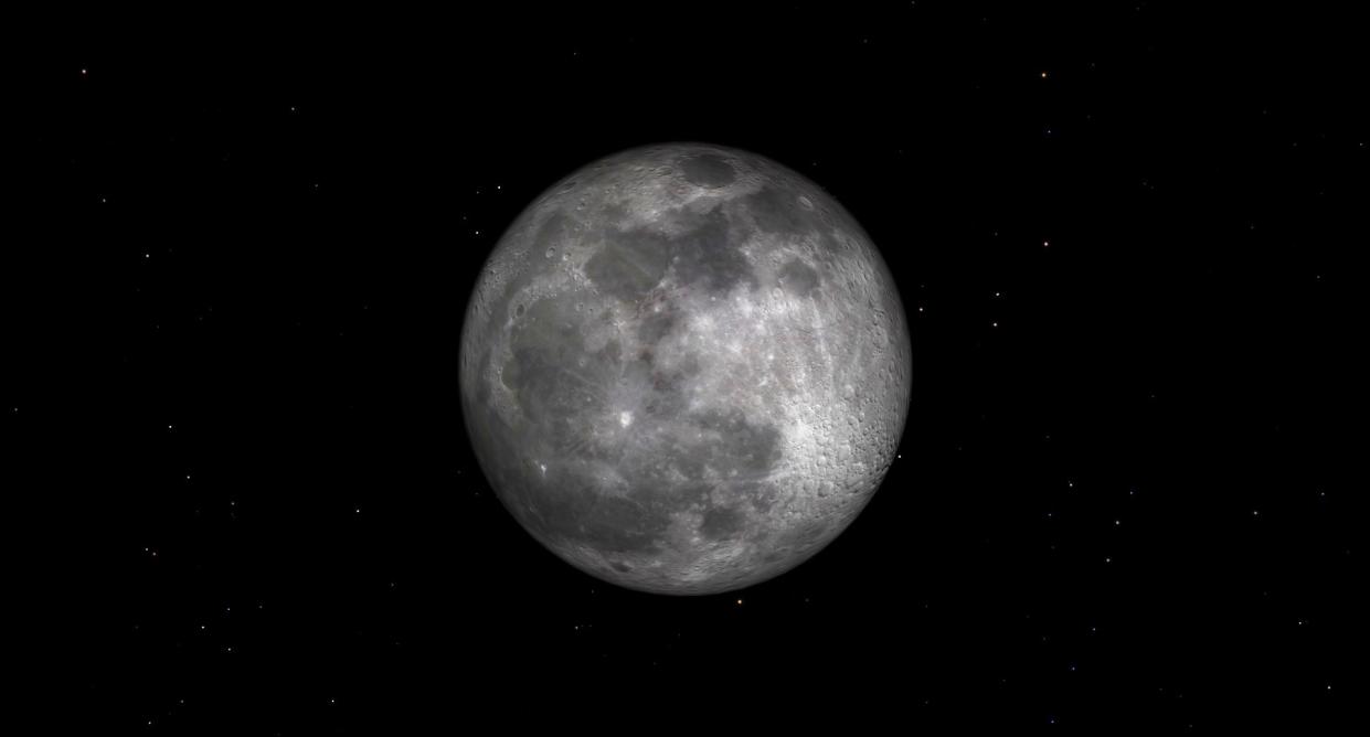  A bright full moon dominates the center of a starry night backdrop. 