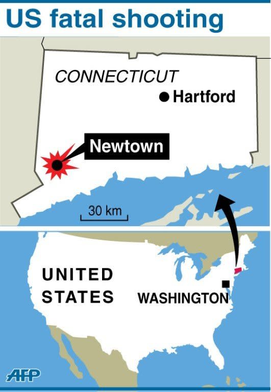 Map locating shooting rampage in the US, Connecticut community of Newtown