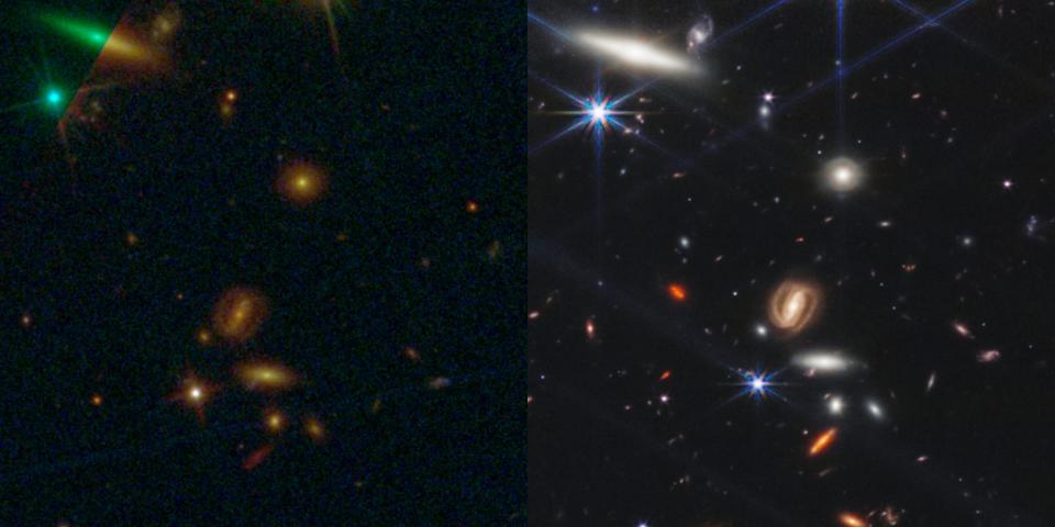 Side by side collage of the Hubble and James Webb space telescope pictures are zoomed in around select galazies to show the difference in resolution.