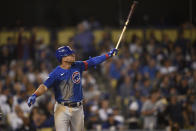 Chicago Cubs' Willson Contreras looks up after a hitting a two-run home run during the sixth inning of a baseball game against the Los Angeles Dodgers in Los Angeles, Thursday, June 24, 2021. (AP Photo/Kelvin Kuo)