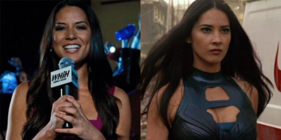 On the left: Olivia Munn as Chess Roberts in "Iron Man 2." On the right: Munn as Psylocke in "X-Men: Apocalypse."