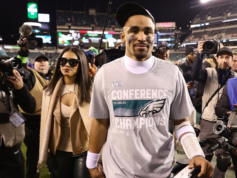 Jalen Hurts #1 of the Philadelphia Eagles walks off the field after defeating the San Francisco 49ers in the NFC Championship Game at Lincoln Financial Field on January 29, 2023 in Philadelphia, Pennsylvania