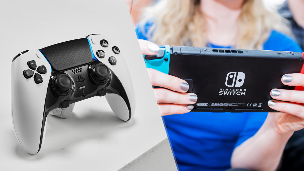  A photo comp featuring a white PS5 Pro controller on the left and a Nintendo Switch in a player's hands on the right. 