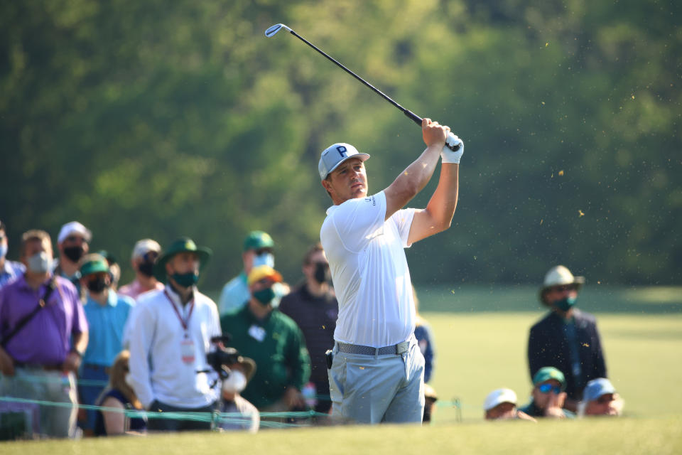 Bryson DeChambeau plays in a practice round before the 2021 Masters.