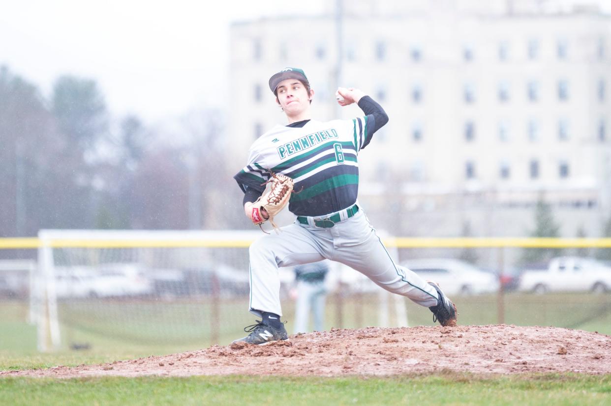 Pennfield junior Caden Overby during a game at Battle Creek Central High School on Thursday, April 4, 2024.