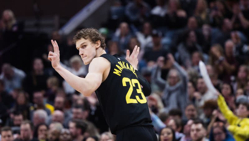 Utah Jazz forward Lauri Markkanen (23) celebrates after a 3-point shot during a game at Vivint Arena in Salt Lake City on Saturday, Feb. 25, 2023. Markkanen arrived in Utah as part of the trade that sent Donovan Mitchell to the Cavs.