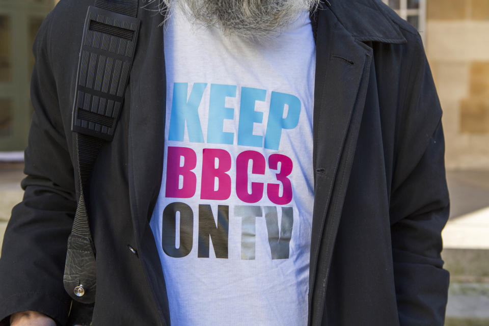 Keep BBC3 on TV campaign t-shirt. Worn by a campaigner to save BBC Three outside BBC broadcasting house. Central London. 17th February 2015. (Photo by In Pictures Ltd./Corbis via Getty Images)