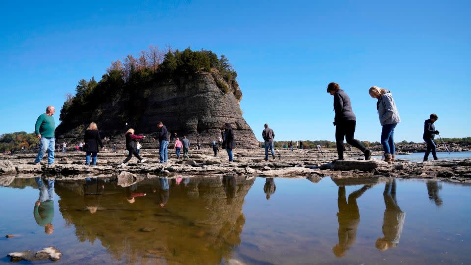 People were able to walk to Tower Rock, normally only accessible by boat, on October 19 2022, in Perry County, Missouri. - Jeff Roberson/AP