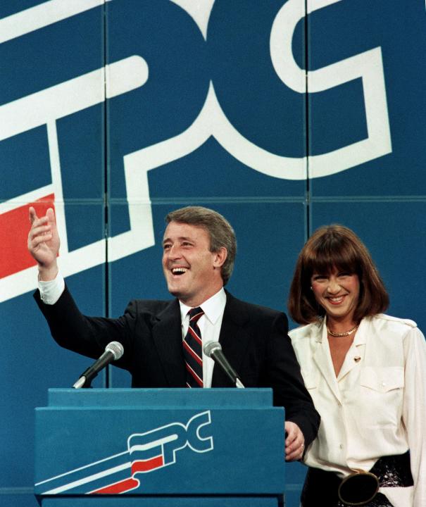 Brian Mulroney and Mila wave from the stage on election night Sept. 4, 1984. Former prime minister Brian Mulroney is dead at 84. His family announced late Thursday that the former Tory leader died peacefully, surrounded by loved ones. THE CANADIAN PRESS
