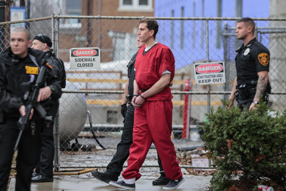 Bryan Kohberger, facing first-degree murder charges in the deaths of four University of Idaho students last fall, is taken by sheriff's deputies from the Monroe County Courthouse in Stroudsburg, Pa., Tuesday, Jan. 3, 2023. (Steven M. Falk/The Philadelphia Inquirer via AP)