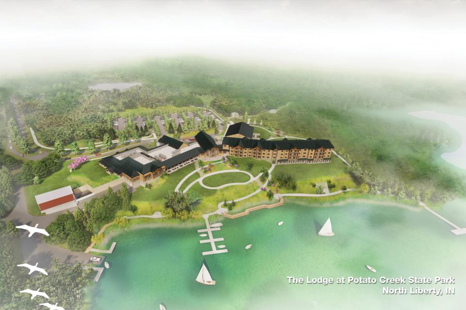 The aerial view in this illustration shows the future inn on Worster Lake at Potato Creek State Park in North Liberty.