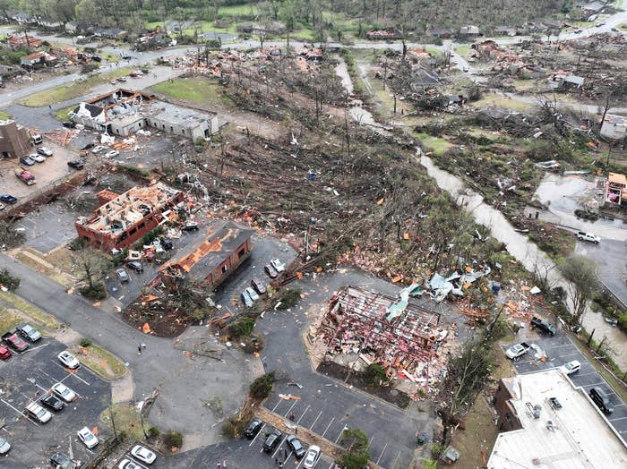 A view of destroyed buildings following the tornado in Little Rock, Arkansas