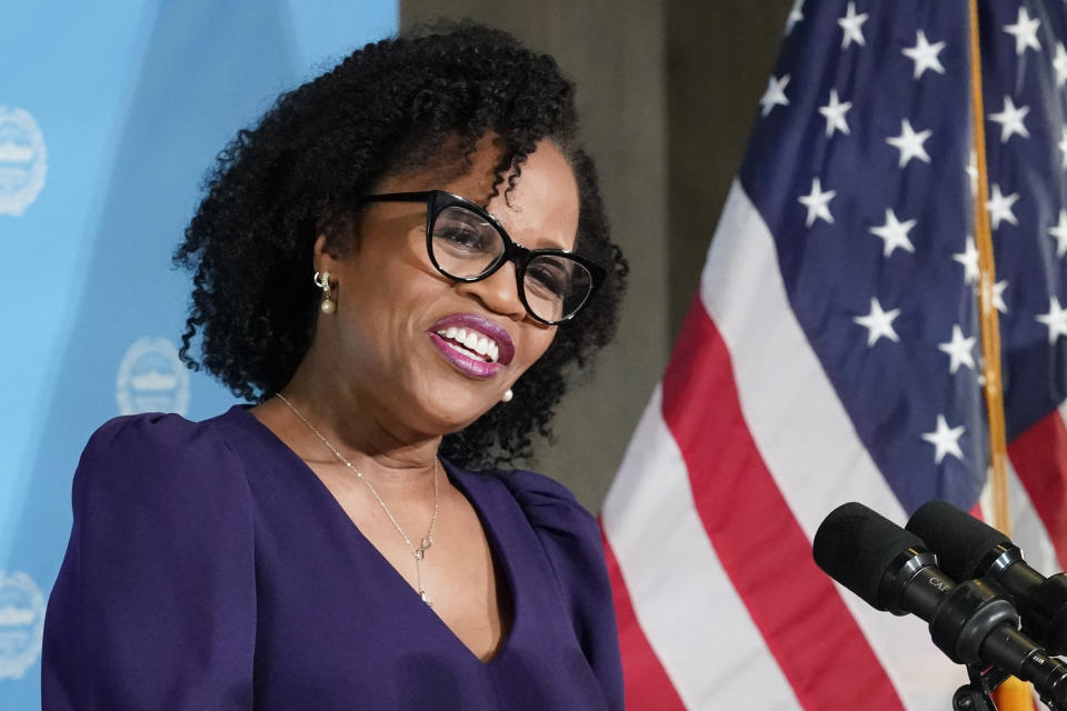 Former Boston City Council President Kim Janey, 55, speaks after being sworn in as Boston's new mayor at City Hall, Wednesday, March 24, 2021, in Boston. Janey, who is the city's first female and first person of color to take the office, replaces Marty Walsh who resigned Monday evening to become President Joe Biden's labor secretary. (AP Photo/Elise Amendola)