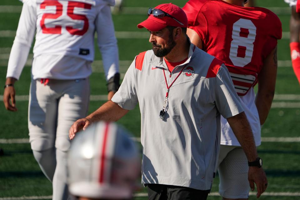 Aug 11, 2022; Columbus, OH, USA;  Ohio State Buckeyes head coach Ryan Day leads football camp at the Woody Hayes Athletic Center. Mandatory Credit: Adam Cairns-The Columbus Dispatch