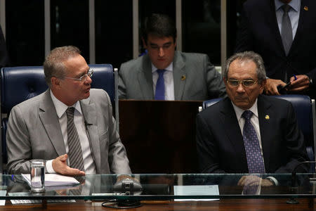 President of the Brazilian Senate Renan Calheiros speaks near senator Raimundo Lira during a senate session in Brasilia, Brazil, May 9, 2016. REUTERS/Adriano Machado