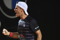 El argentino Diego Schwartzman durante su semifinal ante Denis Shapovalov en el Abierto de Italia, en Roma, el domingo 20 de septiembre de 2020. (Alfredo Falcone/LaPresse vía AP)