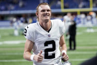 Las Vegas Raiders kicker Daniel Carlson (2) runs off the field after an NFL football game against the Indianapolis Colts, Sunday, Jan. 2, 2022, in Indianapolis. The Raiders won 23-20. (AP Photo/AJ Mast)