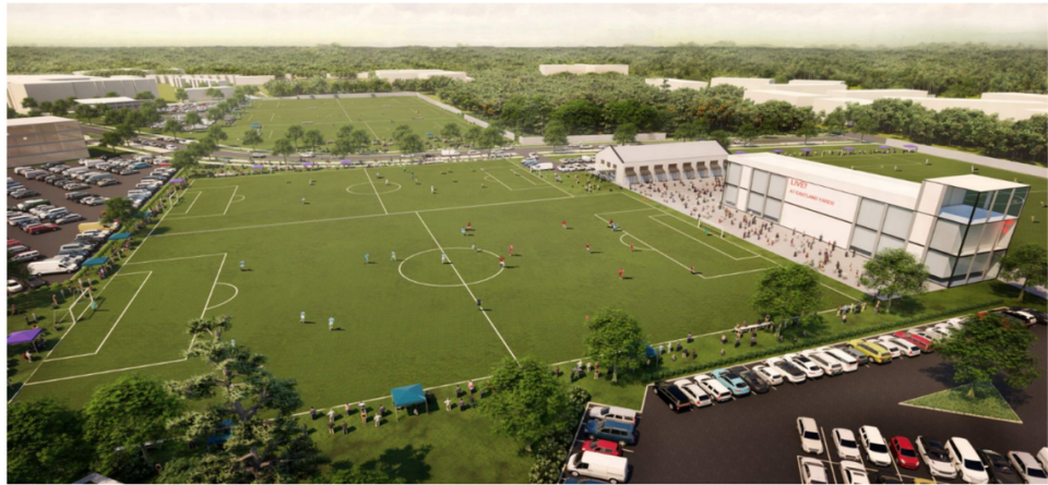 A rendering of QC East’s project proposal shows what athletic fields could look like on the site of the former Eastland Mall, now called Eastland Yards.