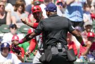 St. Louis Cardinals manager Oliver Marmol argues with home plate umpire Alan Porter during the third inning of a baseball game against the Milwaukee Brewers Sunday, May 12, 2024, in Milwaukee. Marmol was ejected from the game. (AP Photo/Morry Gash)