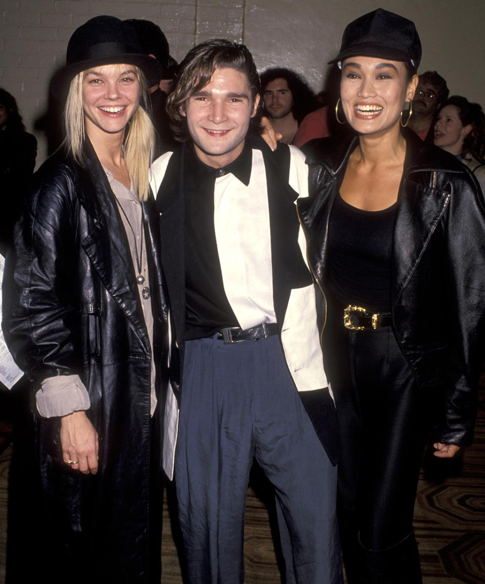 <p>The ‘Growing Pains’ actress and ‘Lost Boys’ actor pose with the ‘Wayne’s World’ costar at the L.A. premiere. (Photo: Ron Galella/WireImage) </p>