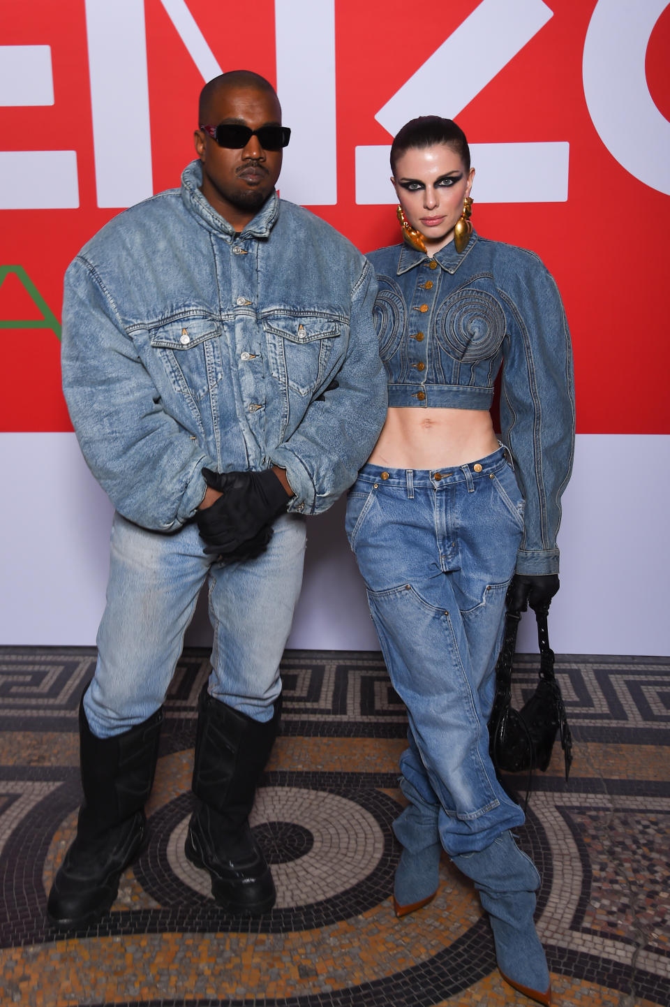 PARIS, FRANCE - JANUARY 23: (EDITORIAL USE ONLY - For Non-Editorial use please seek approval from Fashion House)  Kanye West and Julia Fox attend the Kenzo Fall/Winter 2022/2023 show as part of Paris Fashion Week on January 23, 2022 in Paris, France. (Photo by Stephane Cardinale - Corbis/Corbis via Getty Images)