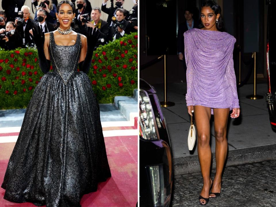 Laura Harrier at the 2022 Met Gala (left) and the actress at the after-party (right).