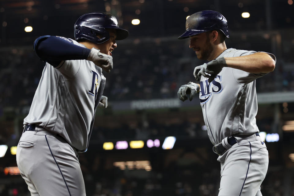 Rays slugger Brandon Lowe awakened with two home runs in Game 2 after a struggle of a postseason. (Photo by Alex Trautwig/MLB Photos via Getty Images)