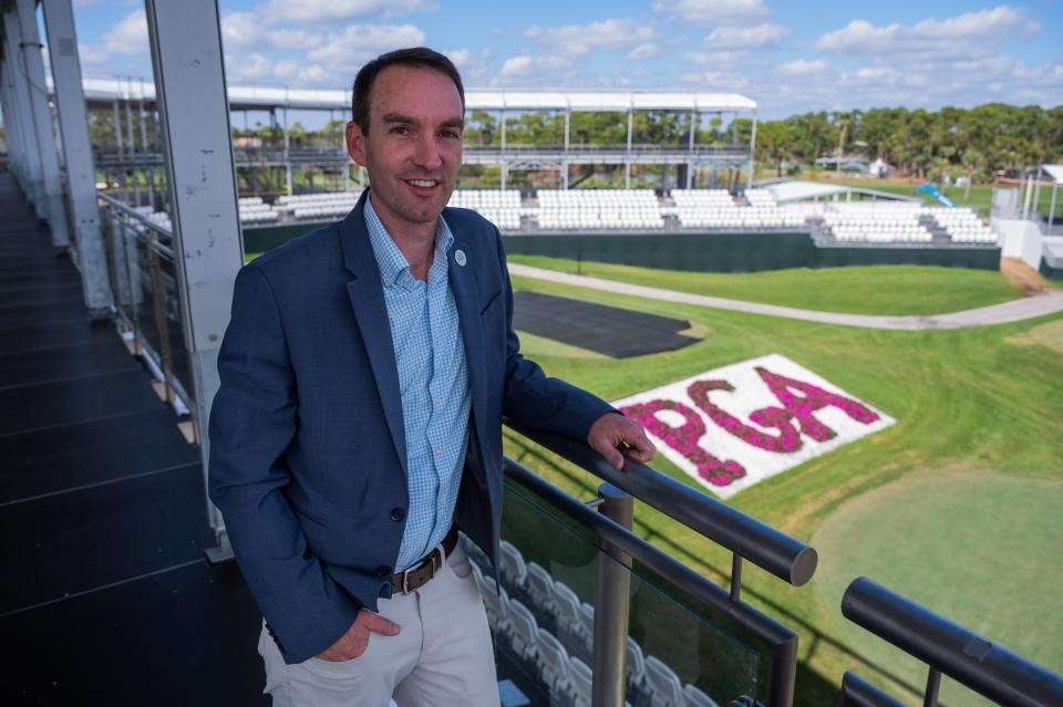 Andrew George, the new Executive Director of the Honda Classic, poses for a portrait on the second level of the 17th tee grandstands area at PGA National on Thursday, February 2, 2023, in Palm Beach Gardens, FL. 