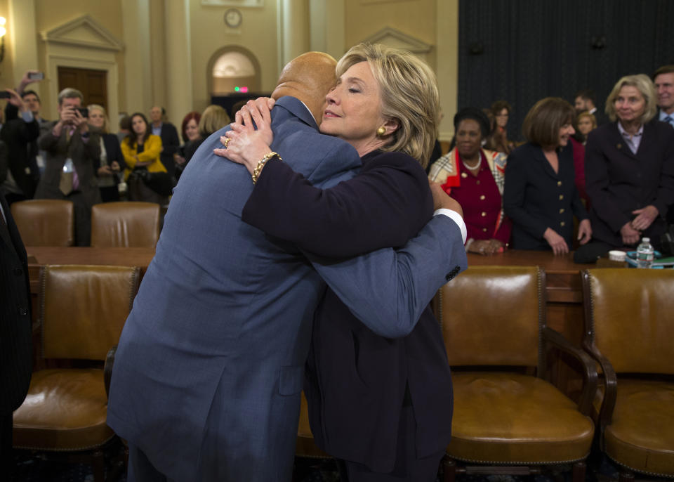 Democratic presidential candidate former Secretary of State Hillary Rodham Clinton hugs House Select Committee on Benghazi ranking member Rep. Elijah Cummings, D- Md., at the conclusion of a hearing on Capitol Hill on Oct. 22, 2015, in Washington.  (Photo: Evan Vucci/AP)