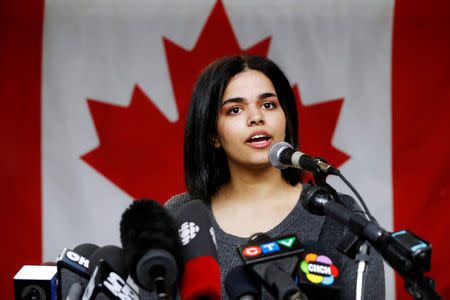 Rahaf Mohammed al-Qunun, an 18-year-old Saudi woman who fled her family, speaks at the COSTI Corvetti Education Centre in Toronto, Ontario, Canada January 15, 2019. REUTERS/Mark Blinch