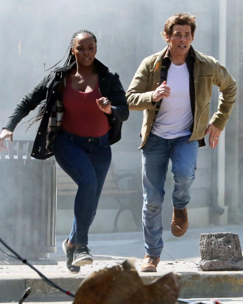 <p>James Marsden and Tika Sumpter film an action scene for <em>Sonic the Hedgehog 2</em> in British Columbia, Canada, on Tuesday.</p>