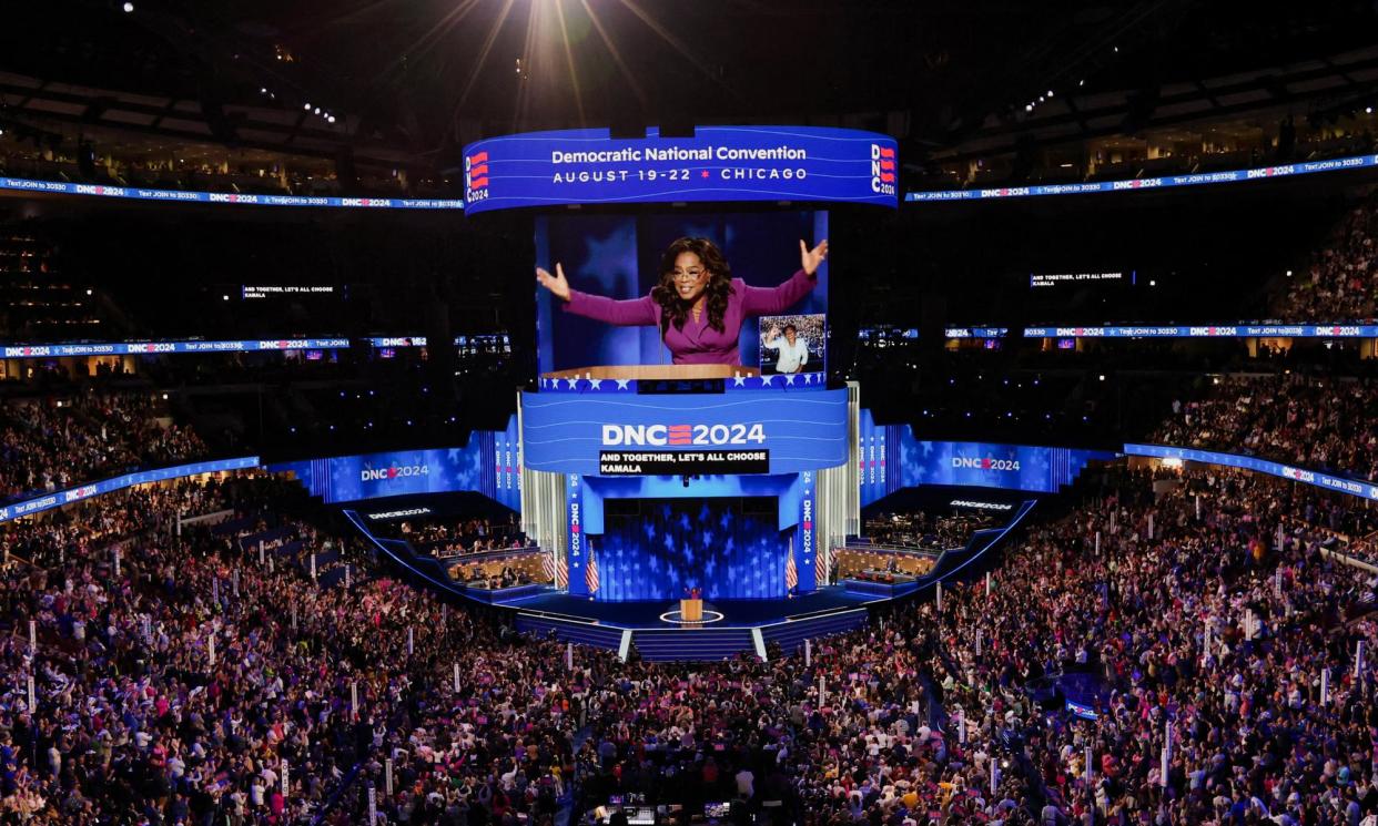 <span>Oprah Winfrey speaks on day three of the Democratic National Convention in Chicago.</span><span>Photograph: Mike Segar/Reuters</span>