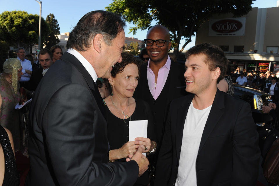 LOS ANGELES, CA - JUNE 25: Director Oliver Stone and actor Emile Hirsch arrive at Premiere of Universal Pictures' "Savages" at Westwood Village on June 25, 2012 in Los Angeles, California. (Photo by Kevin Winter/Getty Images)