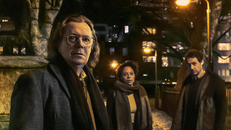 (L to R) Gary Oldman as Jackson Lamb, Rosalind Eleazar as Louisa Guy and Dustin Demri-Burns as (Min Harper) in Slow Horses, one of the best Apple TV Plus Shows now streaming on Apple TV+.