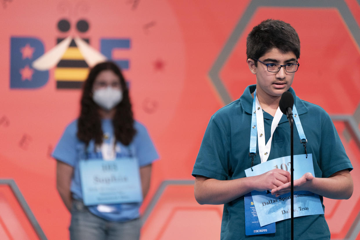Dhroov Bharatia, 13, from Plano, Texas, competes during the Scripps National Spelling Bee, in Oxon Hill, Md., Tuesday, May 31, 2022. (AP Photo/Jacquelyn Martin)