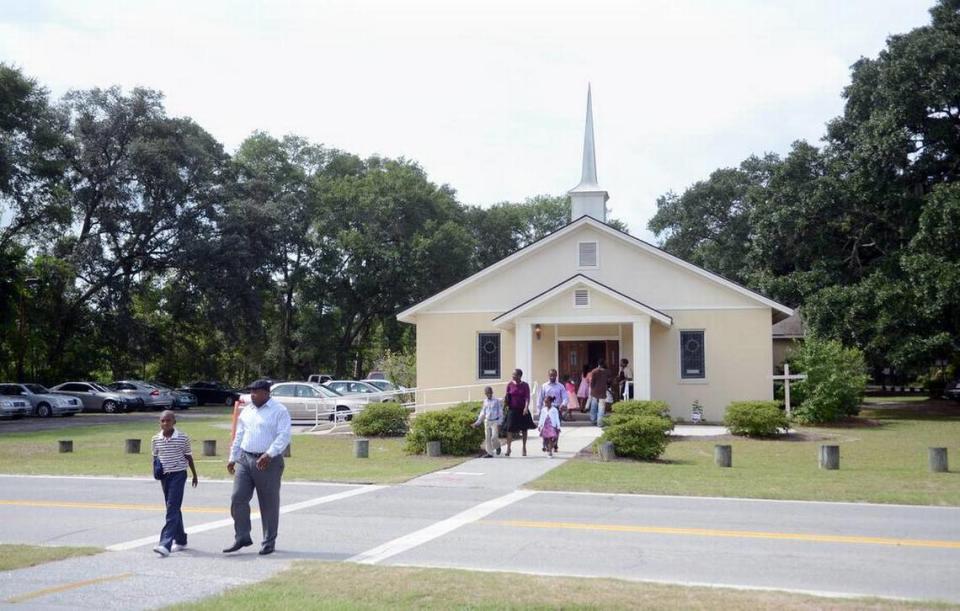 In this file photo, the congregation leaves St. James Baptist Church located at the corner of Beach City and Dillon Road. The church is under the flight path of Hilton Head Island Airport. File/Staff photo