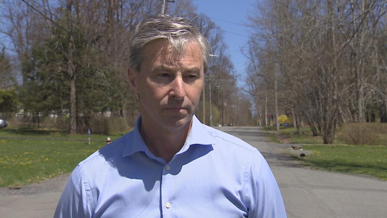 Nova Scotia Premier Tim Houston campaigned in Pictou West on Tuesday in advance of the May 21 byelection. (CBC - image credit)