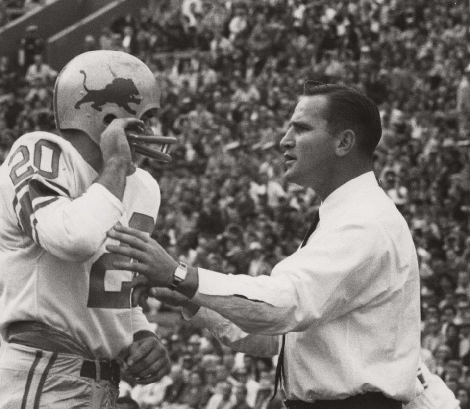 Lions assistant coach Don Shula on the sideline with Pat Studstill against the Rams on Nov. 4, 1962, in Los Angeles.