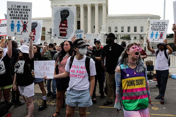 PHOTO: In this June 24, 2022, file photo, abortion rights and anti-abortion demonstrators stand outside the US Supreme Court in Washington, D.C. (Bloomberg via Getty Images, FILE)