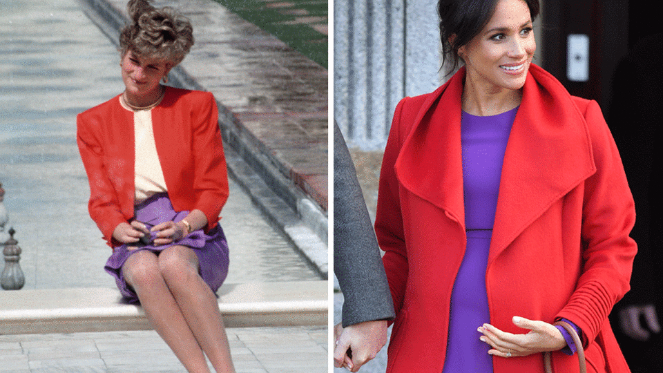 <p>Meghan recently stepped out with Harry showing off her bump in a bold purple dress, paired with an equally bold red coat. Diana wore a very similar colour combo on a visit to India in 1992. Source: Getty </p>