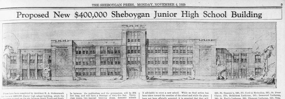 FILE - The Monday, November 4, 1929 edition of The Sheboygan Press featured an illustration of the newly proposed Junior High School which would become know as Farnsworth Middle School over 30 years later.