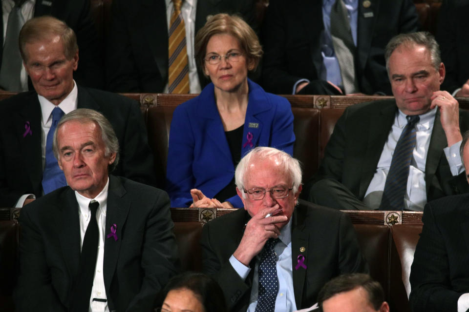 <p>Sen. Bernie Sanders, I-Vt., center, listens as Trump delivers his first State of the Union address on Jan. 30 in Washington, D.C. (Photo: Alex Wong/Getty Images) </p>